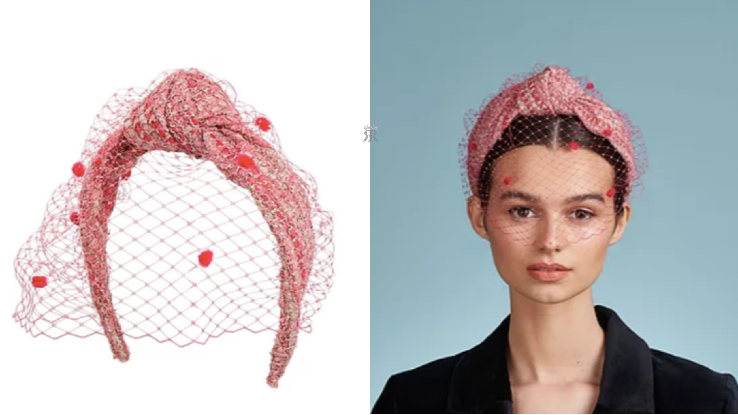 Fernanda Lewis veiled headband in pink tweed 